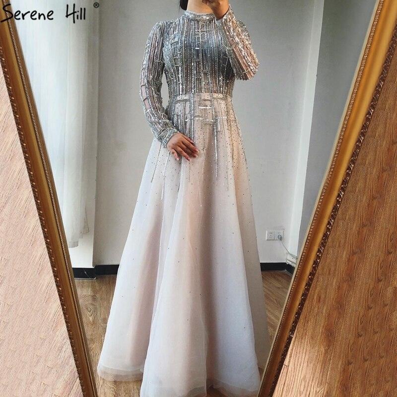 Serene Hill Beading Muslim Long Sleeeves High Co Silver Luxury Evening Dresses Gowns 2024 A-Line Crystal For Women Party LA70514