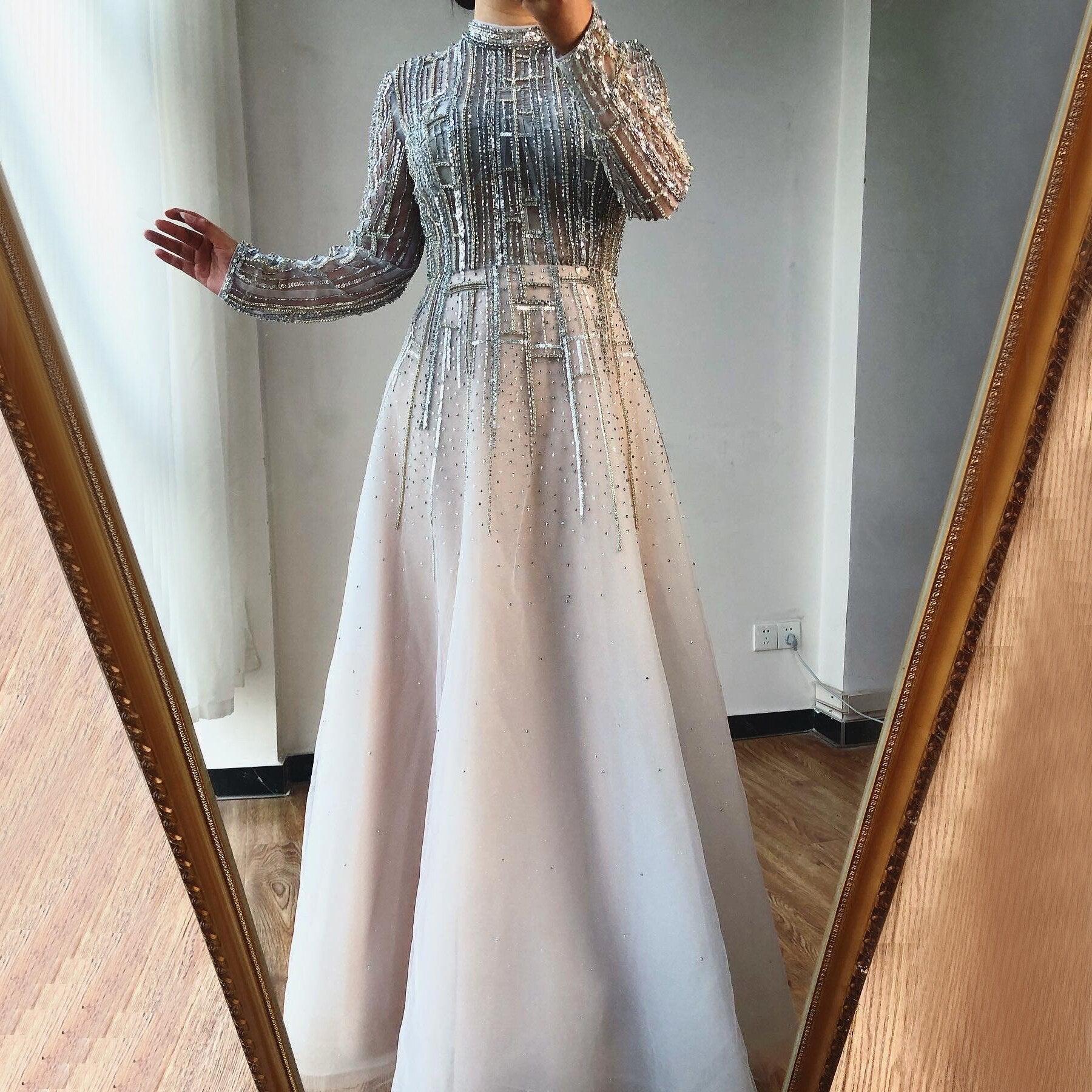 Serene Hill Beading Muslim Long Sleeeves High Co Silver Luxury Evening Dresses Gowns 2024 A-Line Crystal For Women Party LA70514