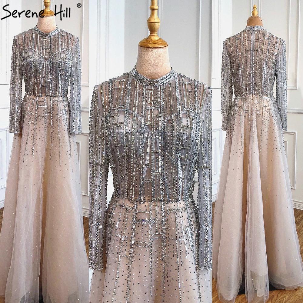 Serene Hill Beading Muslim Long Sleeeves High Co Silver Luxury Evening Dresses Gowns 2024 A-Line Crystal For Women Party LA70514