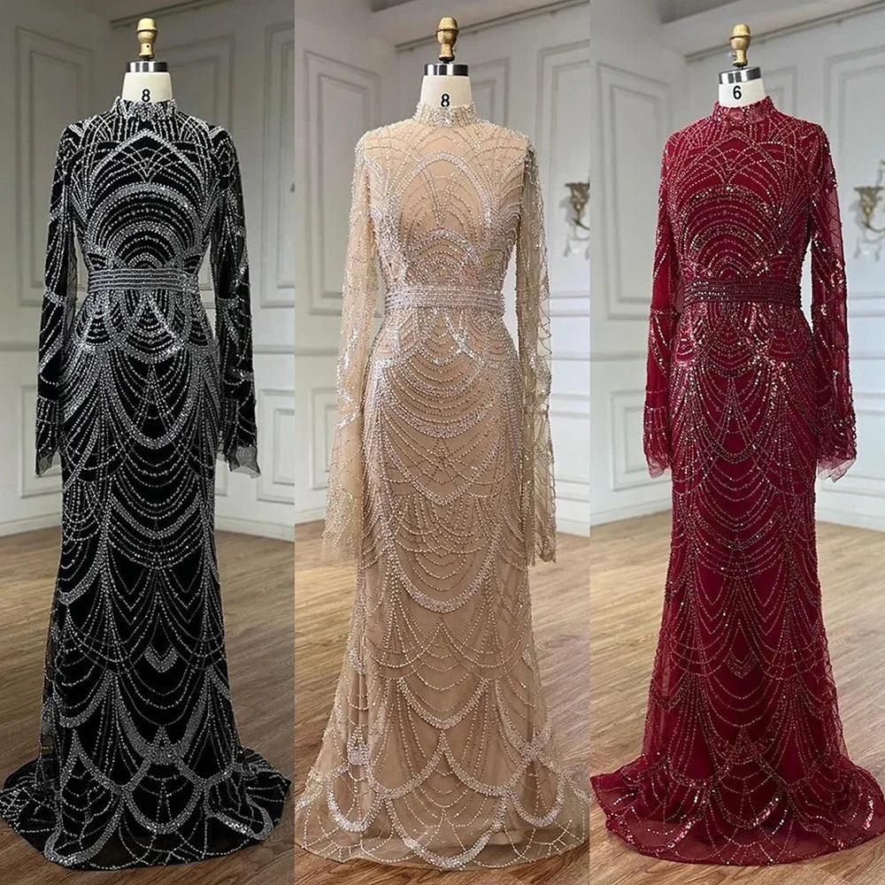 Serene Hill Black Muslim Luxury Beaded Elegant Mermaid Dubai Evening Dresses Gowns for Woman Wedding Party 2024 LA72512
