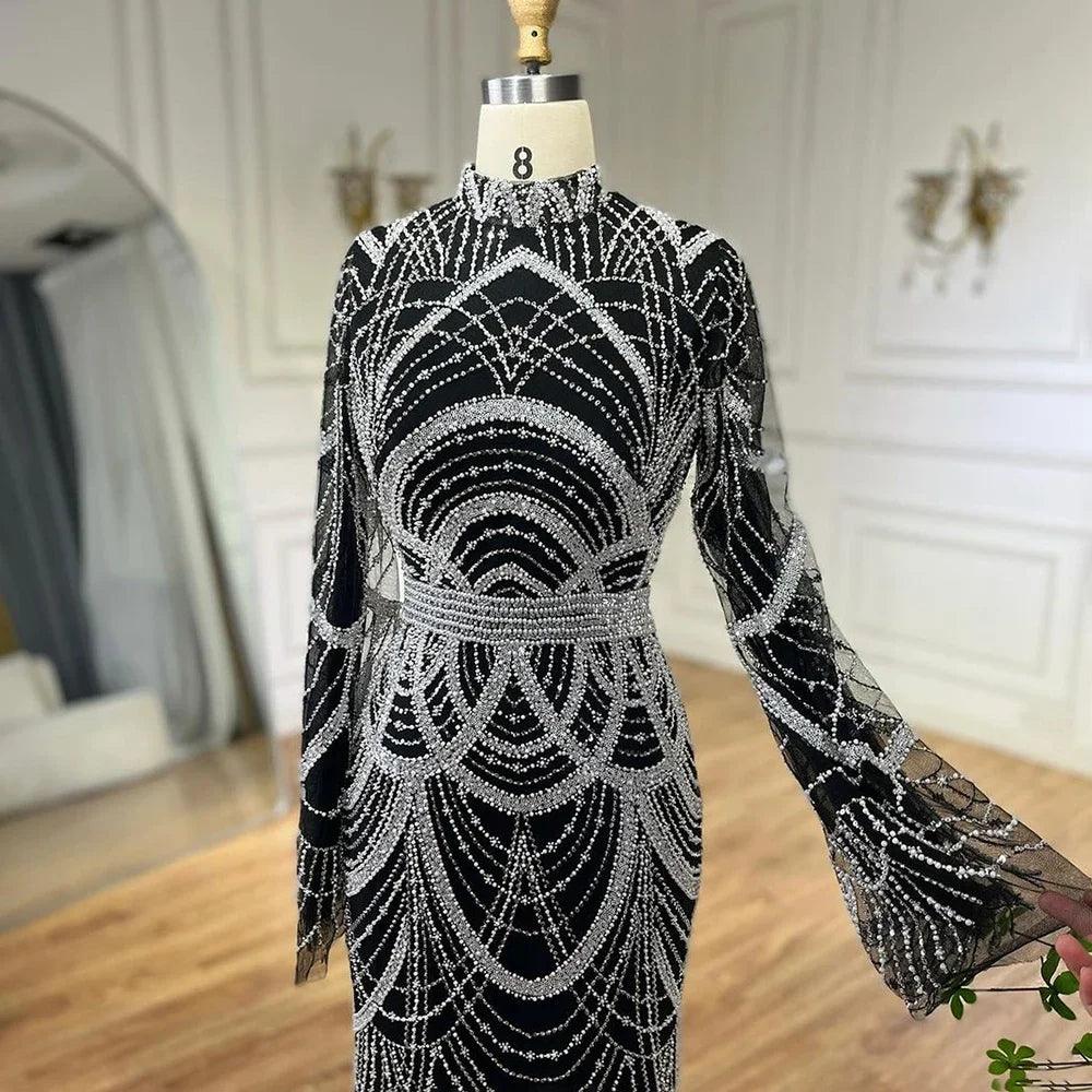 Serene Hill Black Muslim Luxury Beaded Elegant Mermaid Dubai Evening Dresses Gowns for Woman Wedding Party 2024 LA72512