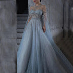 Serene Hill Blue A-Line Arabic Cape Sleeves O-Neck Bow Beaded Luxury Evening Dresses Gowns 2024 For Women Party LA71831