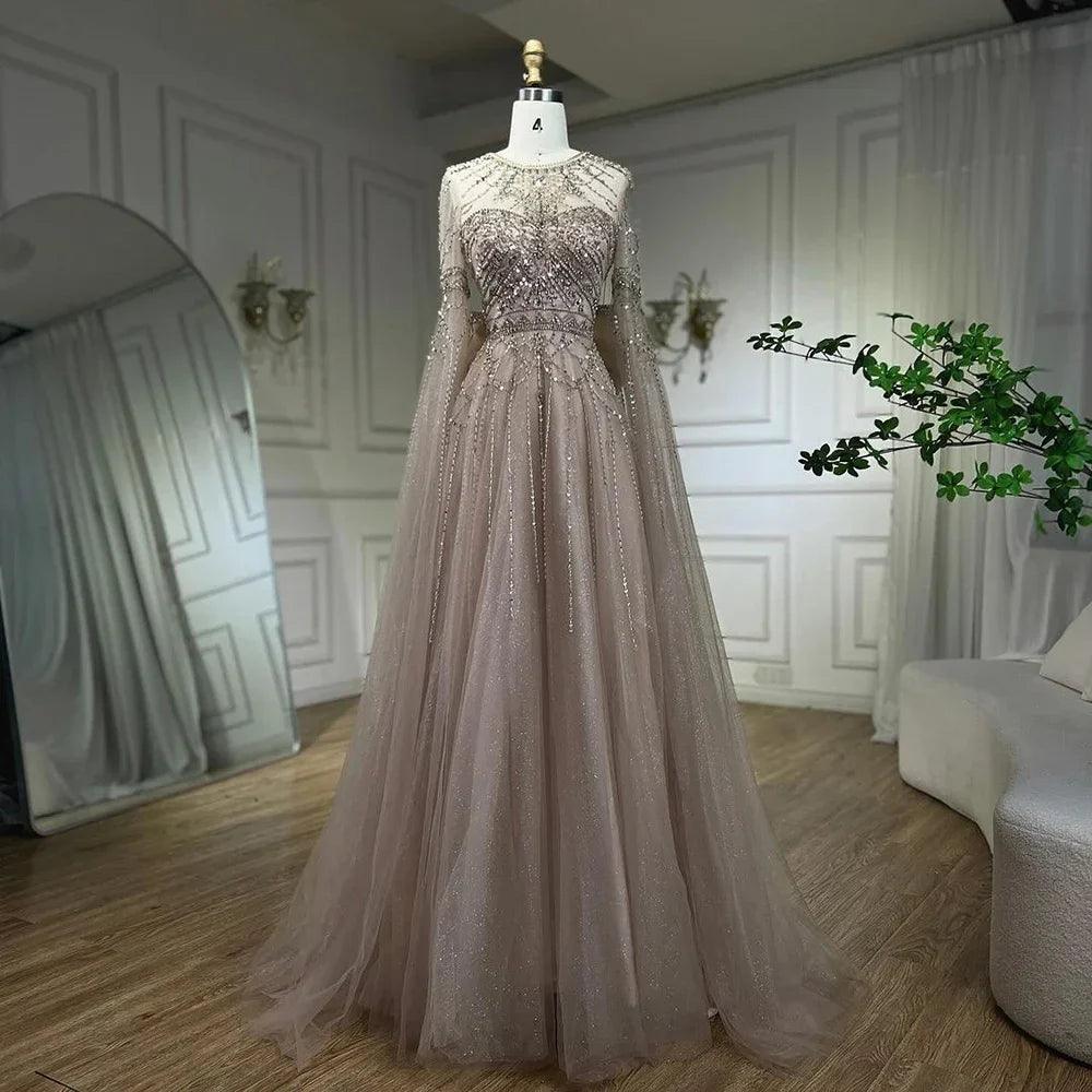 Serene Hill Blue A-Line Arabic Cape Sleeves O-Neck Bow Beaded Luxury Evening Dresses Gowns 2024 For Women Party LA71831