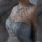 Serene Hill Blue A-Line Arabic Cape Sleeves O-Neck Bow Beaded Luxury Evening Dresses Gowns 2024 For Women Party LA71831