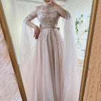 Serene Hill Blue A-Line Arabic Cape Sleeves O-Neck Bow Beaded Luxury Evening Dresses Gowns 2024 For Women Party LA71831