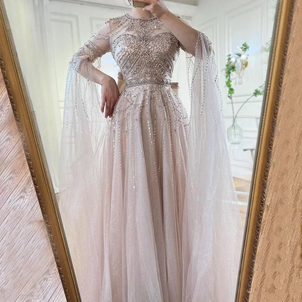 Serene Hill Blue A-Line Arabic Cape Sleeves O-Neck Bow Beaded Luxury Evening Dresses Gowns 2024 For Women Party LA71831