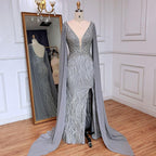 Serene Hill Blue Mermaid Elegant Cape Sleeves Luxury Beaded Feather Evening Dresses Gowns 2024 For Women Party LA71583A