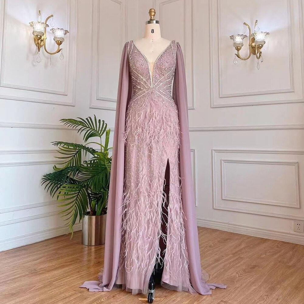 Serene Hill Blue Mermaid Elegant Cape Sleeves Luxury Beaded Feather Evening Dresses Gowns 2024 For Women Party LA71583A