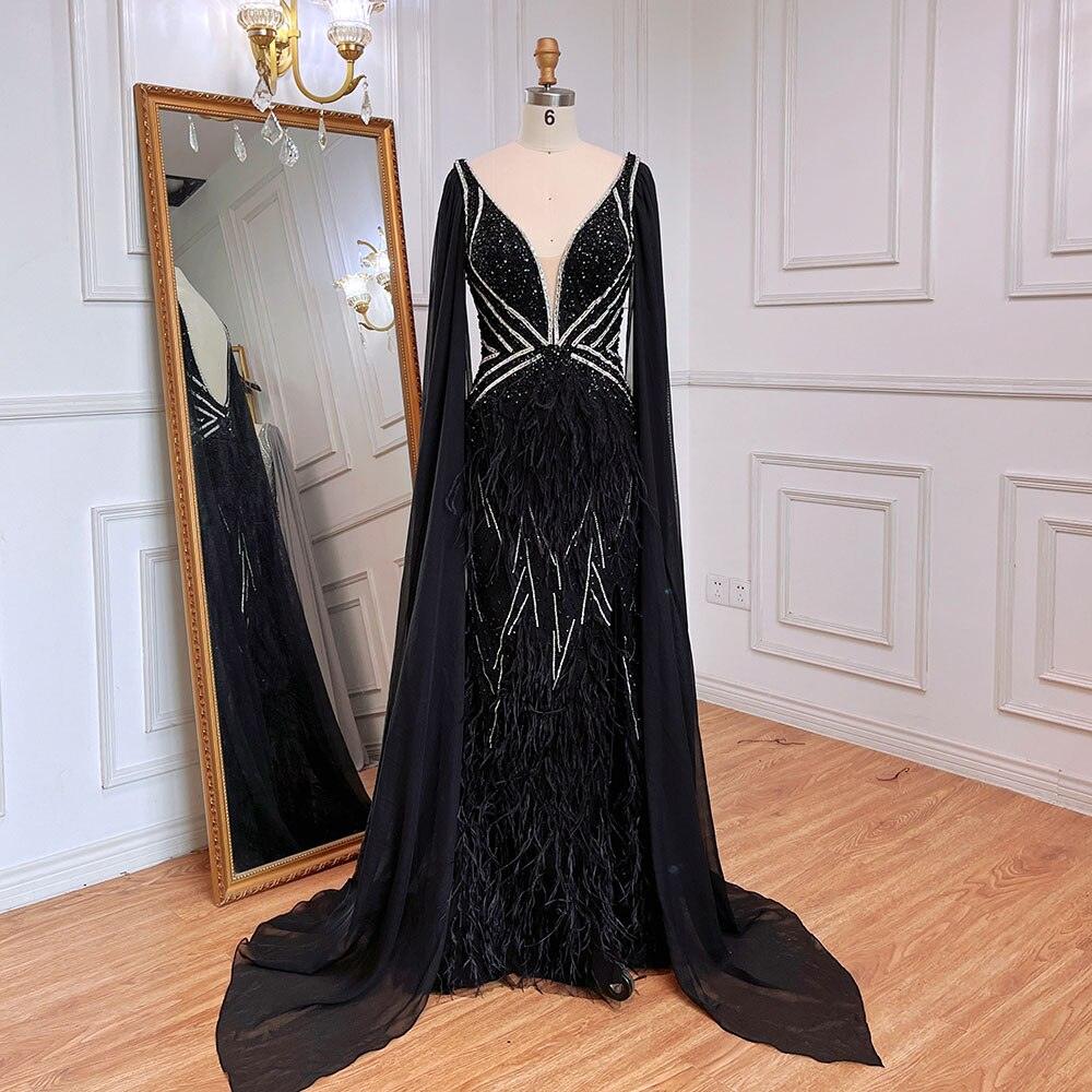 Serene Hill Blue Mermaid Elegant Cape Sleeves Luxury Beaded Feather Evening Dresses Gowns 2024 For Women Party LA71583A
