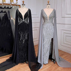 Serene Hill Blue Mermaid Elegant Cape Sleeves Luxury Beaded Feather Evening Dresses Gowns 2024 For Women Party LA71583A