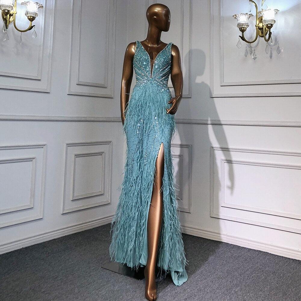 Serene Hill Blue Mermaid Elegant Cape Sleeves Luxury Beaded Feather Evening Dresses Gowns 2024 For Women Party LA71583A