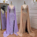 Serene Hill Blue Mermaid Elegant Cape Sleeves Luxury Beaded Feather Evening Dresses Gowns 2024 For Women Party LA71583A
