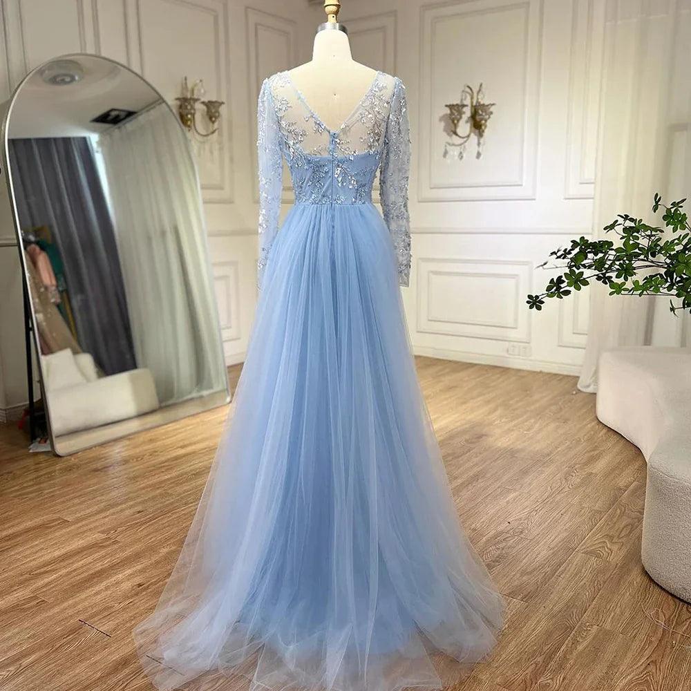 Serene Hill Blue Mermaid Elegant With Train Beaded Luxury Arabic Evening Dresses Gowns For Women Wedding Party 2024 LA71851