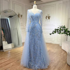 Serene Hill Blue Mermaid Elegant With Train Beaded Luxury Arabic Evening Dresses Gowns For Women Wedding Party 2024 LA71851