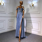 Serene Hill Blue Mermaid Sexy Spaghetti Straps High Split Evening Dresses Gowns Luxury Beaded 2024 For Women Party LA71571