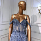 Serene Hill Blue Mermaid Sexy Spaghetti Straps High Split Evening Dresses Gowns Luxury Beaded 2024 For Women Party LA71571