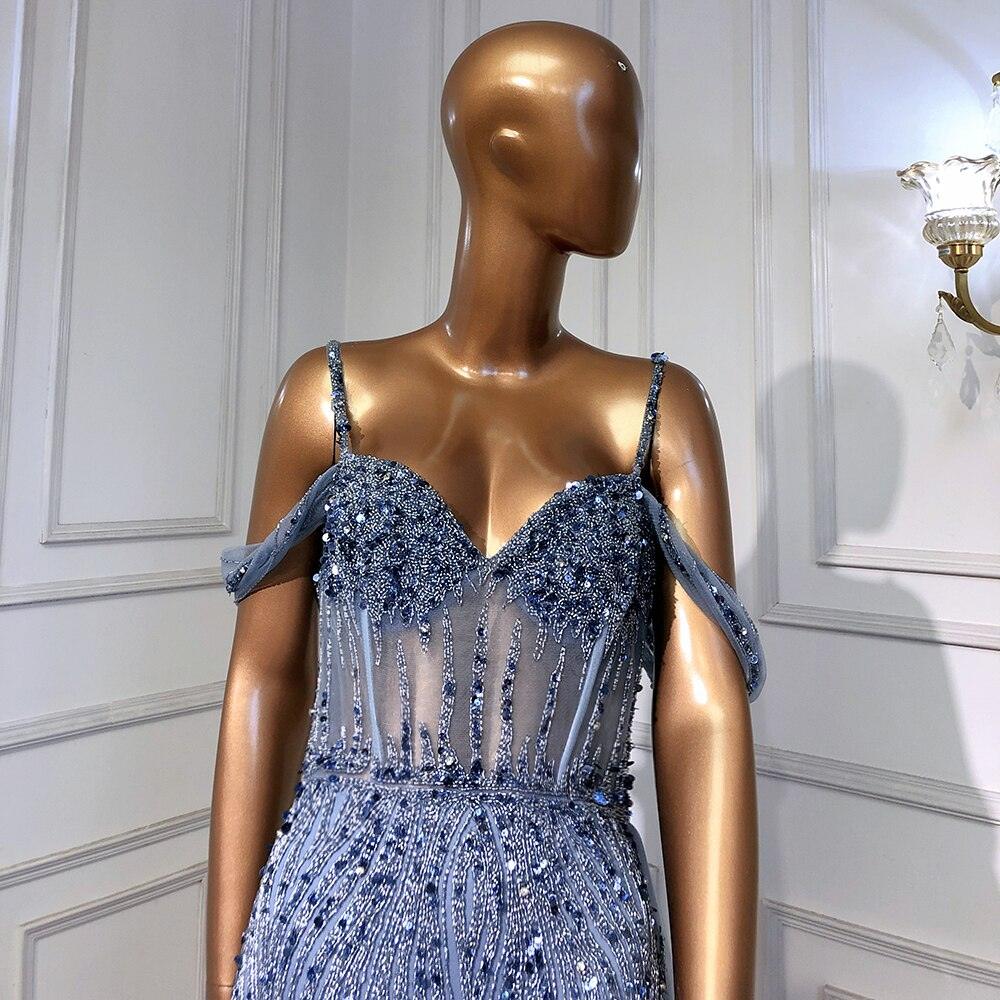 Serene Hill Blue Mermaid Sexy Spaghetti Straps High Split Evening Dresses Gowns Luxury Beaded 2024 For Women Party LA71571