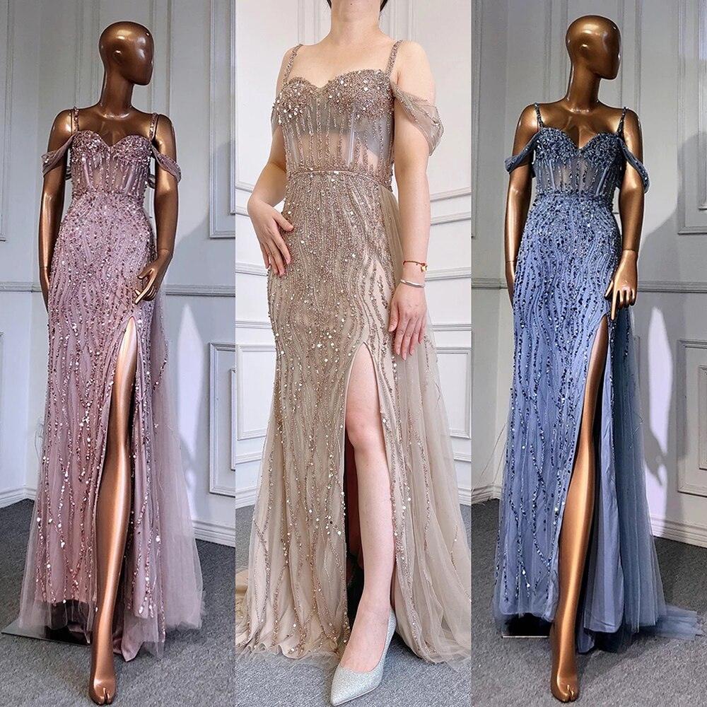 Serene Hill Blue Mermaid Sexy Spaghetti Straps High Split Evening Dresses Gowns Luxury Beaded 2024 For Women Party LA71571