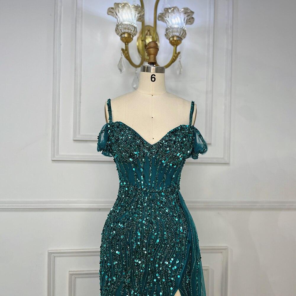 Serene Hill Blue Mermaid Sexy Spaghetti Straps High Split Evening Dresses Gowns Luxury Beaded 2024 For Women Party LA71571
