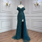 Serene Hill Blue Mermaid Sexy Spaghetti Straps High Split Evening Dresses Gowns Luxury Beaded 2024 For Women Party LA71571