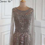 Serene Hill Braun Meerjungfrau Elegante 2024 Mit Cape Ärmeln Perlen Luxus Abendkleider Kleider Für Frauen Party LA70638 