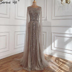 Serene Hill Braun Meerjungfrau Elegante 2024 Mit Cape Ärmeln Perlen Luxus Abendkleider Kleider Für Frauen Party LA70638 