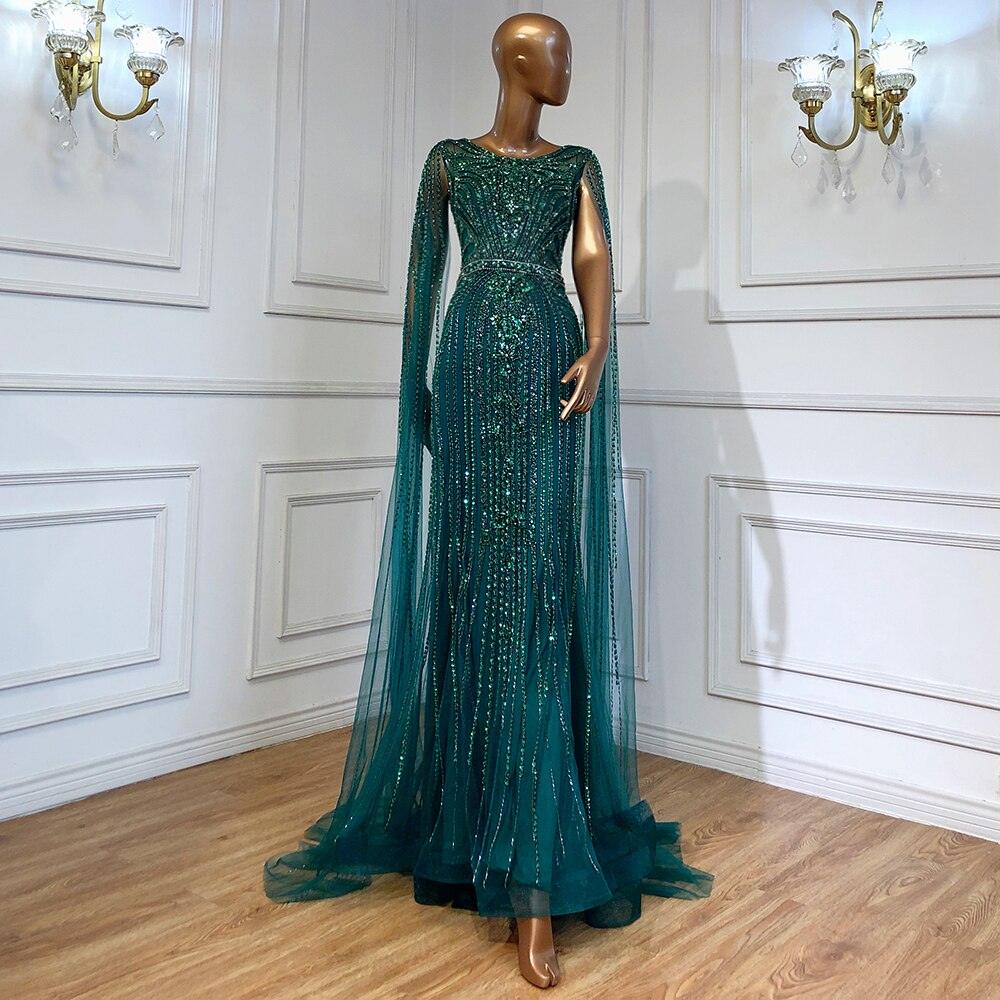 Serene Hill Braun Meerjungfrau Elegante 2024 Mit Cape Ärmeln Perlen Luxus Abendkleider Kleider Für Frauen Party LA70638 