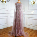Serene Hill Braun Meerjungfrau Elegante 2024 Mit Cape Ärmeln Perlen Luxus Abendkleider Kleider Für Frauen Party LA70638 