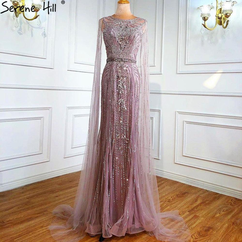 Serene Hill Braun Meerjungfrau Elegante 2024 Mit Cape Ärmeln Perlen Luxus Abendkleider Kleider Für Frauen Party LA70638 