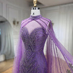 Serene Hill Caramel Cape Sleeves Mermaid High Split Beaded Evening Dresses Long Celebrity Gowns For Woman Party LA72233