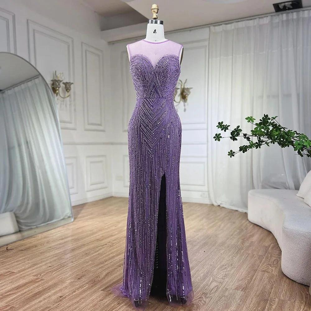 Serene Hill Caramel Cape Sleeves Mermaid High Split Beaded Evening Dresses Long Celebrity Gowns For Woman Party LA72233