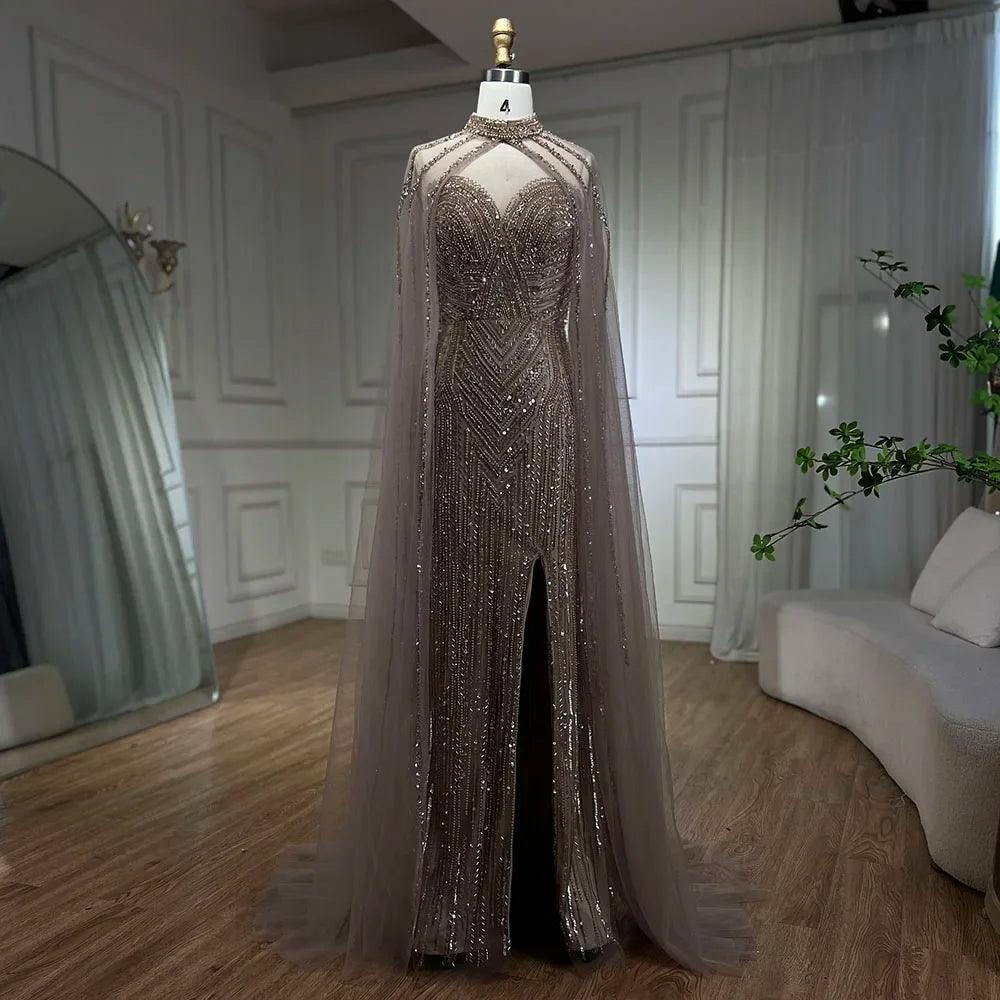 Serene Hill Caramel Cape Sleeves Mermaid High Split Beaded Evening Dresses Long Celebrity Gowns For Woman Party LA72233