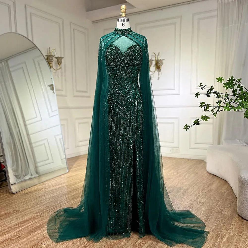 Serene Hill Caramel Cape Sleeves Mermaid High Split Beaded Evening Dresses Long Celebrity Gowns For Woman Party LA72233