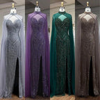 Serene Hill Caramel Cape Sleeves Mermaid High Split Beaded Evening Dresses Long Celebrity Gowns For Woman Party LA72233