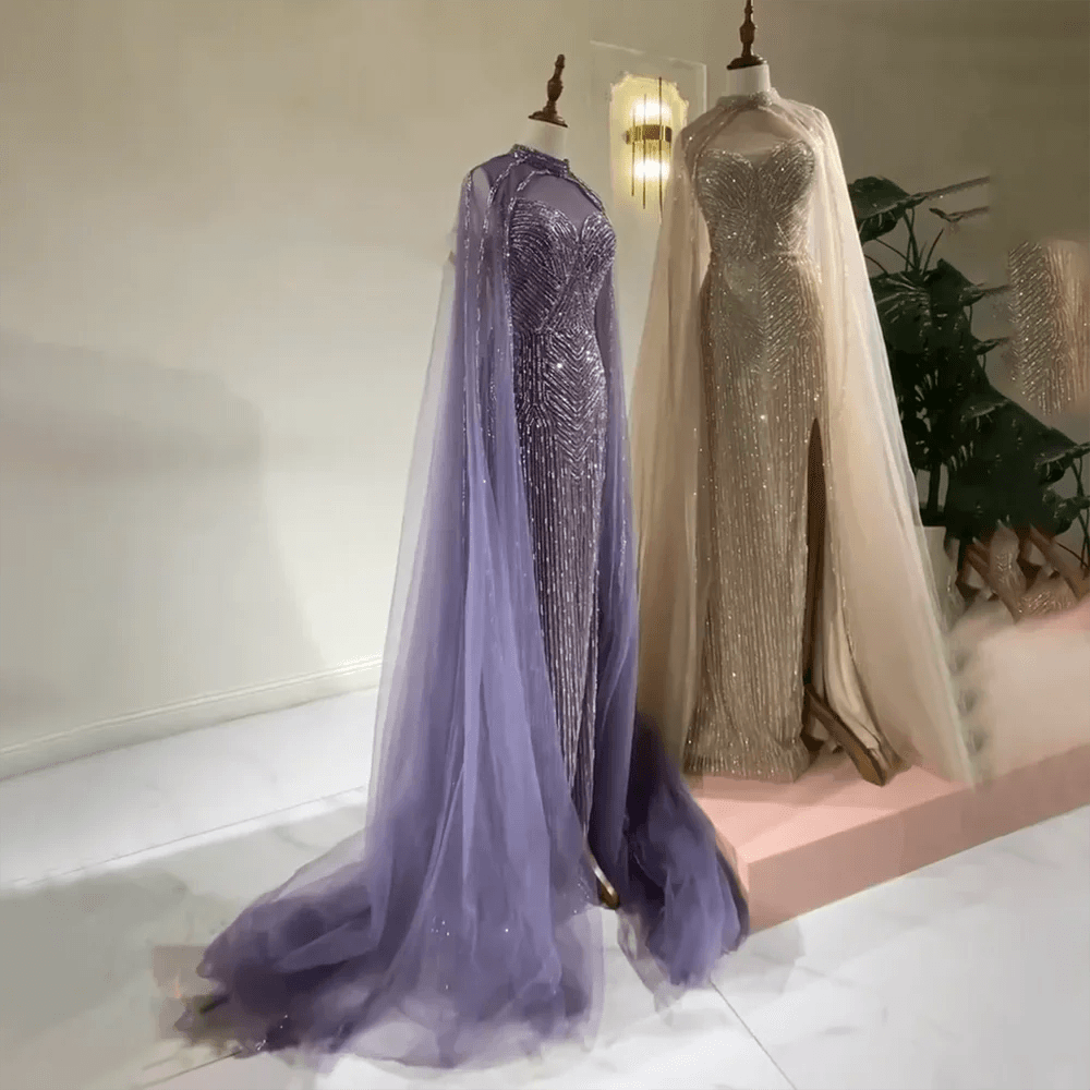 Serene Hill Caramel Cape Sleeves Mermaid High Split Beaded Evening Dresses Long Celebrity Gowns For Woman Party LA72233