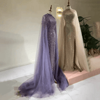 Serene Hill Caramel Cape Sleeves Mermaid High Split Beaded Evening Dresses Long Celebrity Gowns For Woman Party LA72233