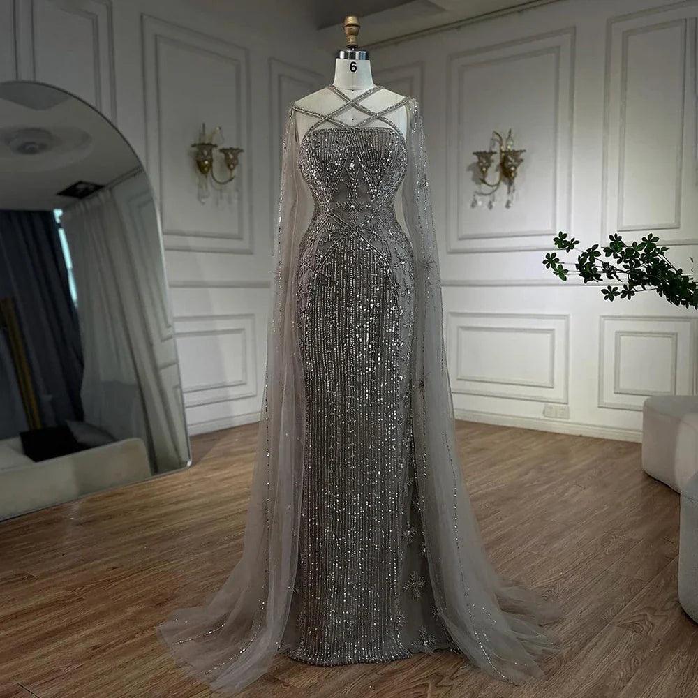 Serene Hill Caramel Elegant Cape Sleeves Beaded Mermaid Luxury Dubai Evening Dresses Gowns For Women Wedding Party 2024 LA71905B
