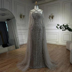 Serene Hill Caramel Elegant Cape Sleeves Beaded Mermaid Luxury Dubai Evening Dresses Gowns For Women Wedding Party 2024 LA71905B
