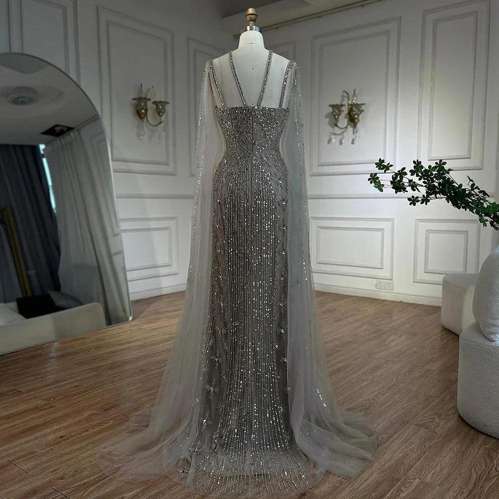 Serene Hill Caramel Elegant Cape Sleeves Beaded Mermaid Luxury Dubai Evening Dresses Gowns For Women Wedding Party 2024 LA71905B