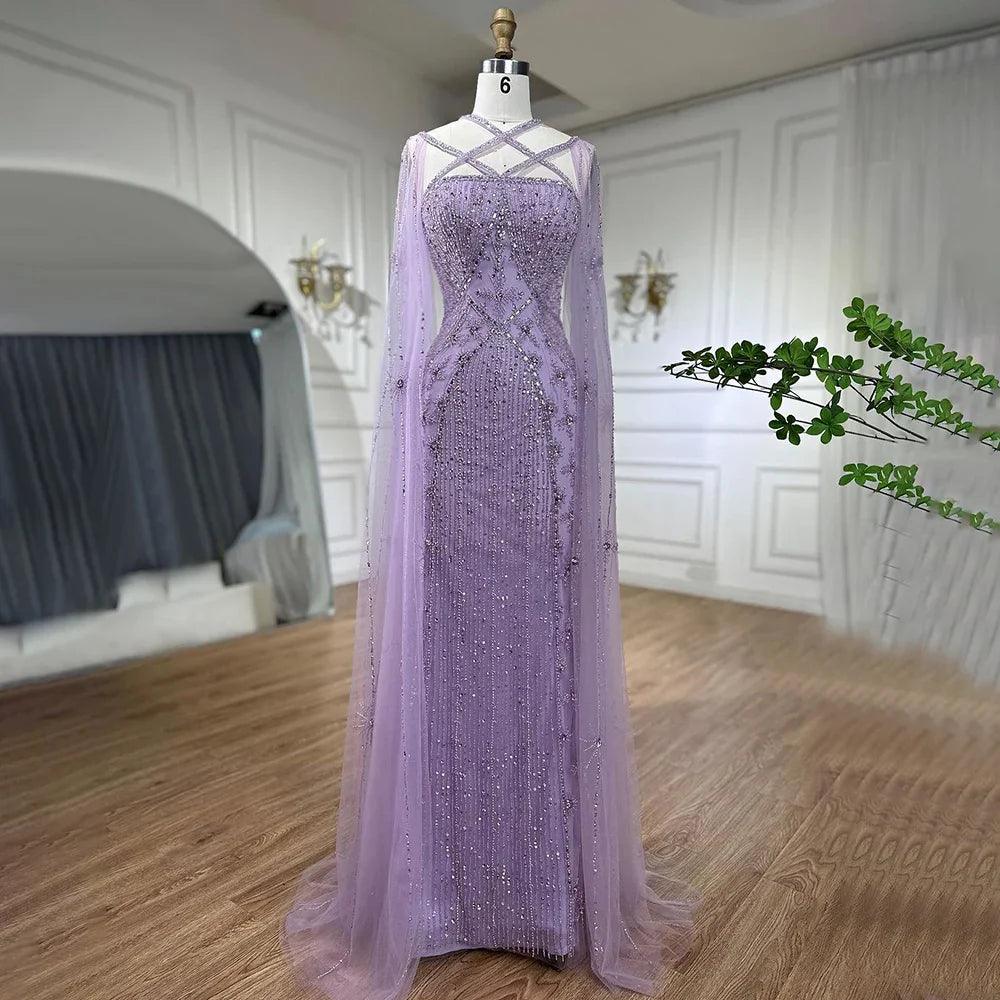 Serene Hill Caramel Elegant Cape Sleeves Beaded Mermaid Luxury Dubai Evening Dresses Gowns For Women Wedding Party 2024 LA71905B