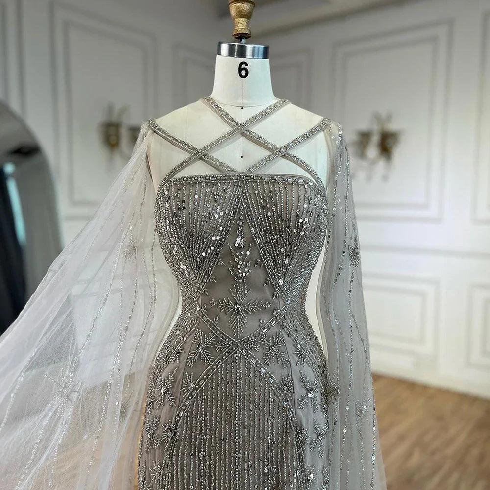 Serene Hill Caramel Elegant Cape Sleeves Beaded Mermaid Luxury Dubai Evening Dresses Gowns For Women Wedding Party 2024 LA71905B