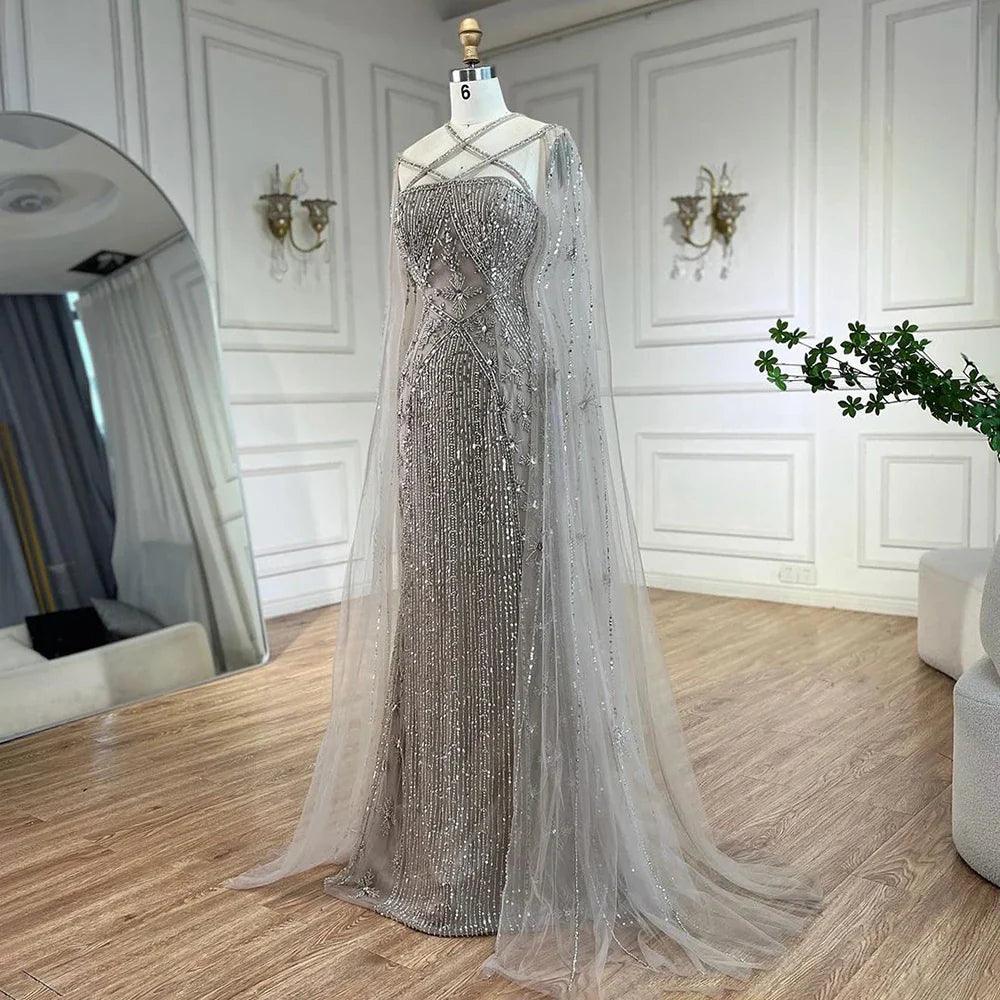 Serene Hill Caramel Elegant Cape Sleeves Beaded Mermaid Luxury Dubai Evening Dresses Gowns For Women Wedding Party 2024 LA71905B
