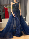 Luxuriöses Dubai Nude Meerjungfrau Abendkleid in Grün mit elegantem One-Shoulder-Überrock für formelle Anlässe