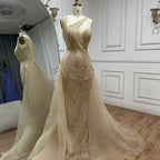 Luxuriöses Dubai Nude Meerjungfrau Abendkleid in Grün mit elegantem One-Shoulder-Überrock für formelle Anlässe