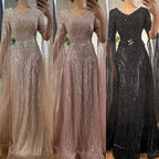 Luxuriöses Dubai Karamell A-Linien-Abendkleid mit Perlenstickerei und Cape-Ärmeln