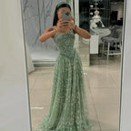 Luxury Sage Green Beaded A-Line Spaghetti Strap Evening Dress