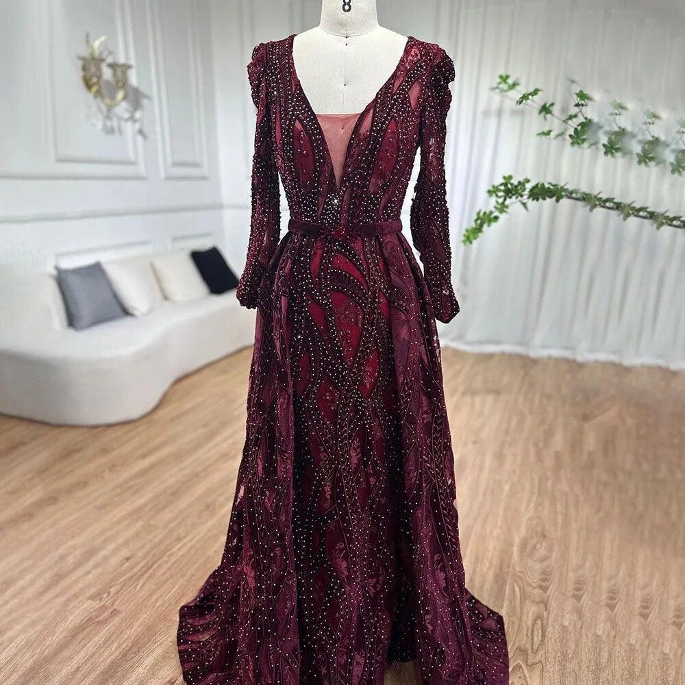 Serene Hill Dubai Blue Mermaid Deep-V Crystal Sexy Long Sleeves Luxury Party Dresses Formal Women Evening 2024 Plus Size LA70223