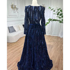 Serene Hill Dubai Blue Mermaid Deep-V Crystal Sexy Long Sleeves Luxury Party Dresses Formal Women Evening 2024 Plus Size LA70223