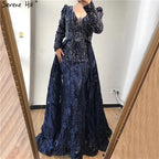 Serene Hill Dubai Blue Mermaid Deep-V Crystal Sexy Long Sleeves Luxury Party Dresses Formal Women Evening 2024 Plus Size LA70223