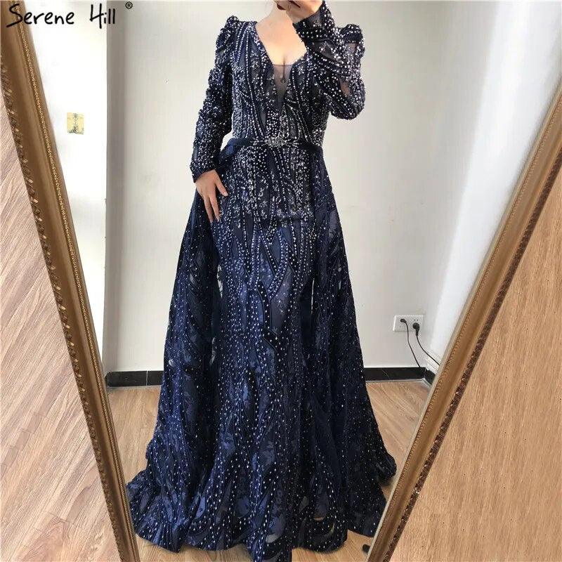 Serene Hill Dubai Blue Mermaid Deep-V Crystal Sexy Long Sleeves Luxury Party Dresses Formal Women Evening 2024 Plus Size LA70223